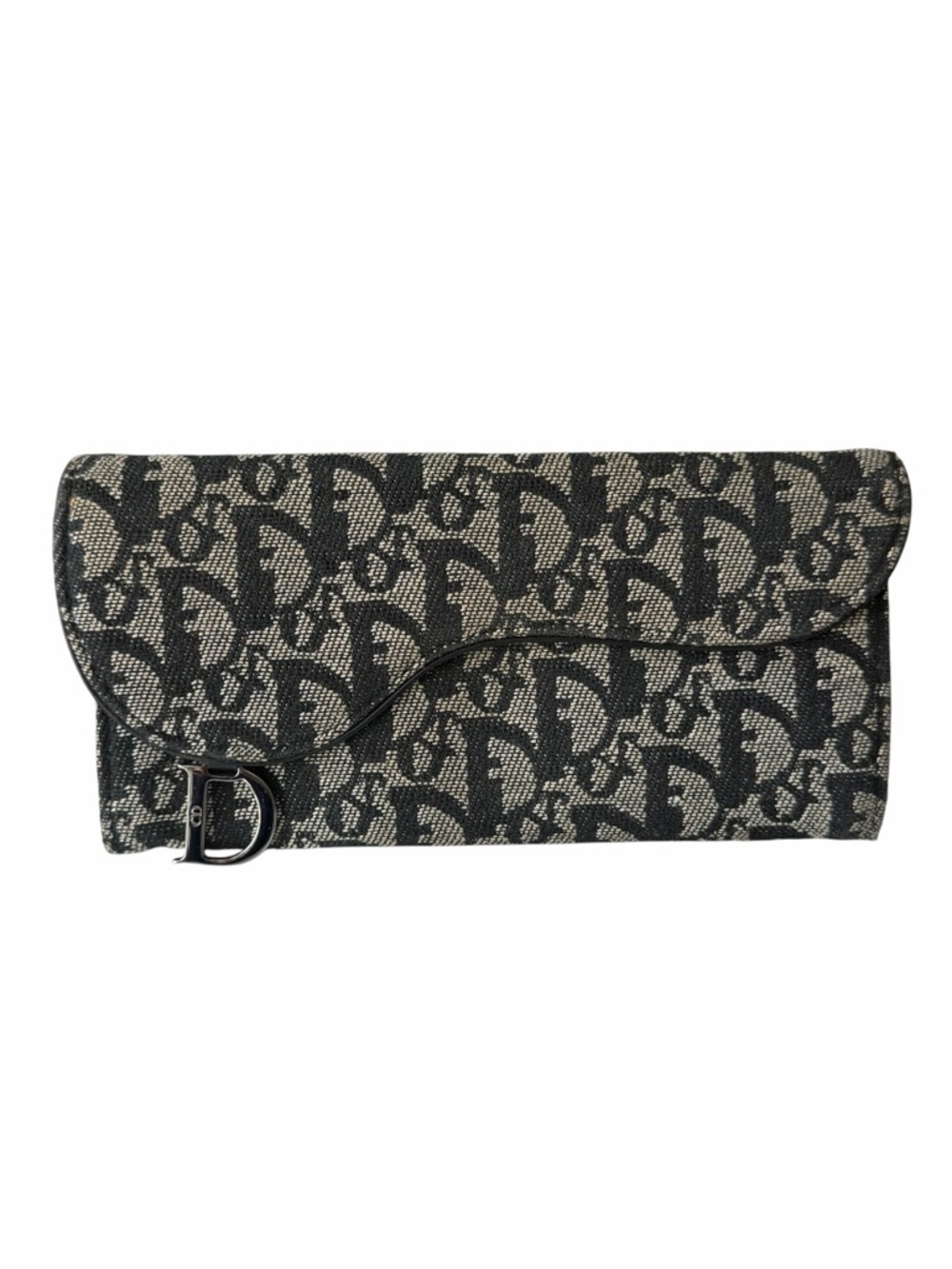 Christian Dior Oblique Saddle Wallet with D Charm Black Gray Canvas